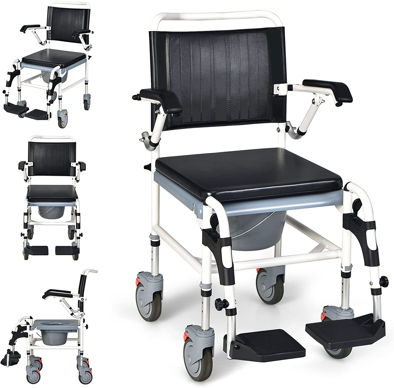 4-in-1 Toilettenstuhl & Duschstuhl mit Eimer & Rollen