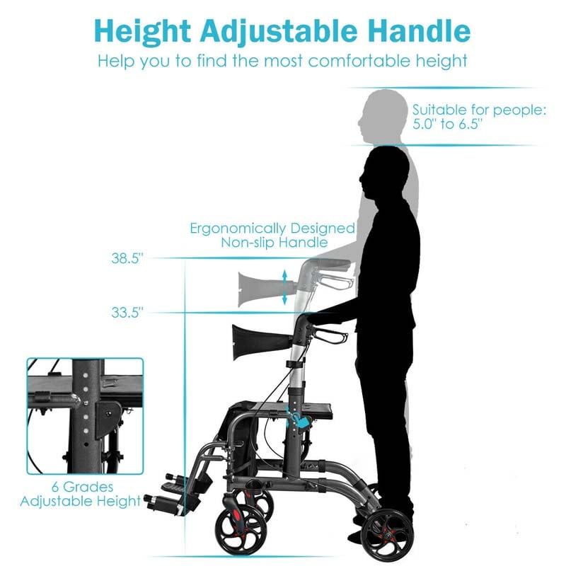 2-in-1 Rollator und Rollstuhl – Faltbare Gehhilfe mit Sitz, Rückenlehne & Bremse, höhenverstellbar