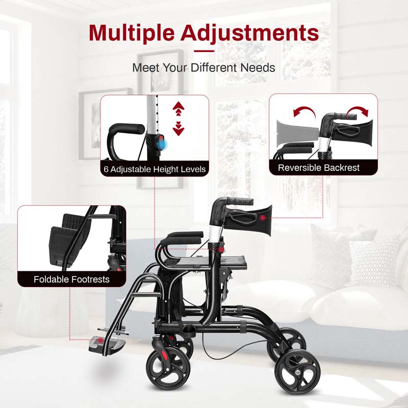 2-in-1 Rollator & Transportrollstuhl – Faltbare Gehhilfe mit Sitz, Fußstützen & 8-Zoll-Rädern für Senioren