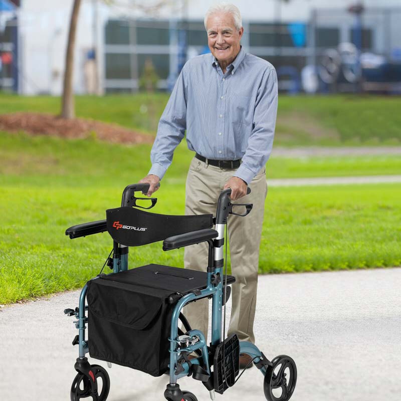 2-in-1 Rollator & Rollstuhl – Faltbare Gehhilfe mit Bremse, Rückenlehne & höhenverstellbarem Griff