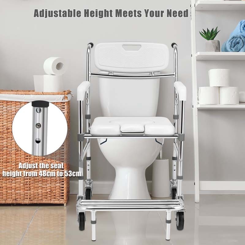 4-in-1 Toilettenstuhl mit Rollen – faltbar, mit Armlehnen