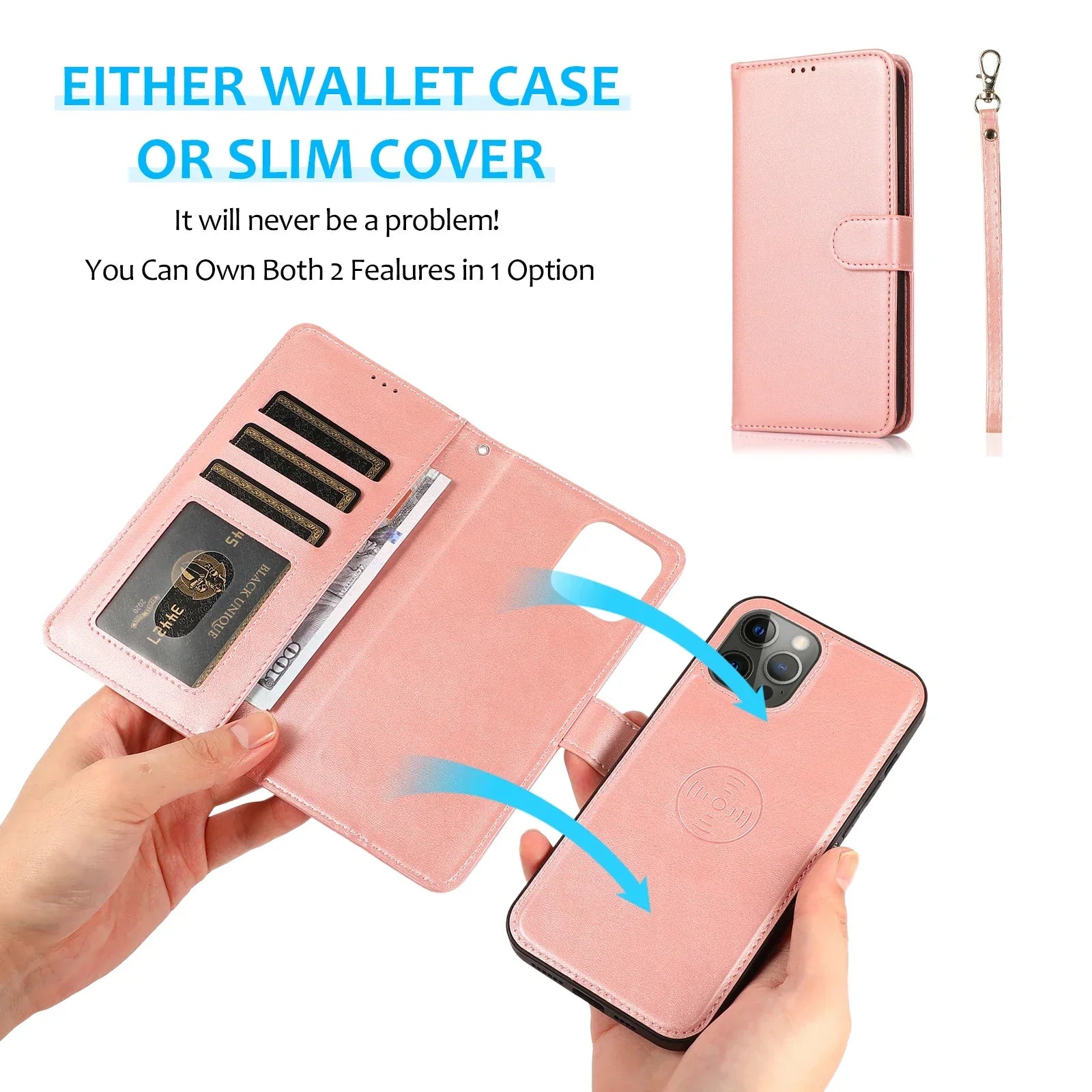 2 in 1 Magnetic Flip Leder Geldbörse Hülle für iPhone Kartenfach Abnehmbare Abdeckung