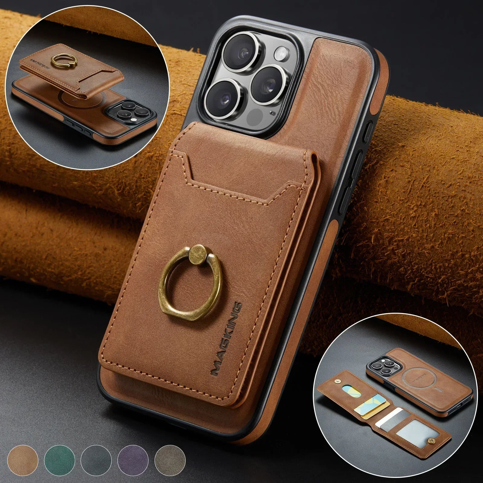 2 in 1 abnehmbares Leder Karten Slot Ring Halter Wallet Case für iPhone 16 15 14 13 12 Pro Max Plus Magnetische vertikale Tasche Cover