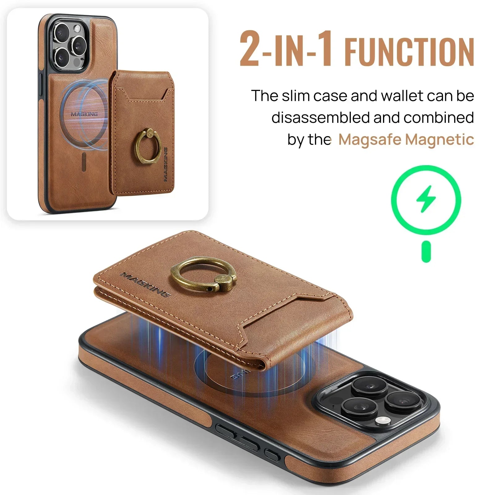 2 in 1 abnehmbares Leder Karten Slot Ring Halter Wallet Case für iPhone 16 15 14 13 12 Pro Max Plus Magnetische vertikale Tasche Cover
