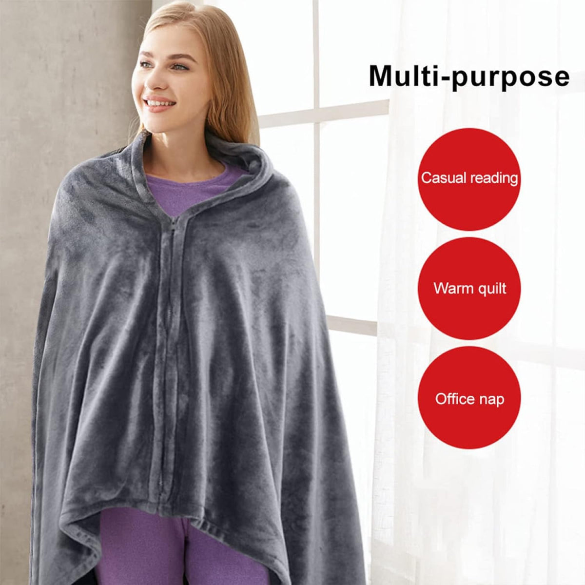 Portable heated shawl for warmth and comfort, ideal for the office, home or outdoor use. Rechargeable and cordless for convenience.