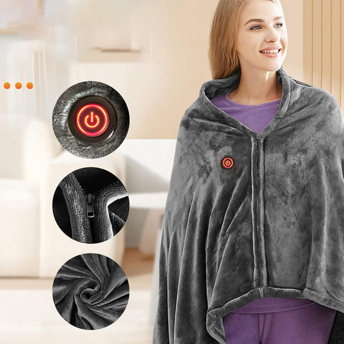 Portable heated shawl for warmth and comfort, ideal for the office, home or outdoor use. Rechargeable and cordless for convenience.