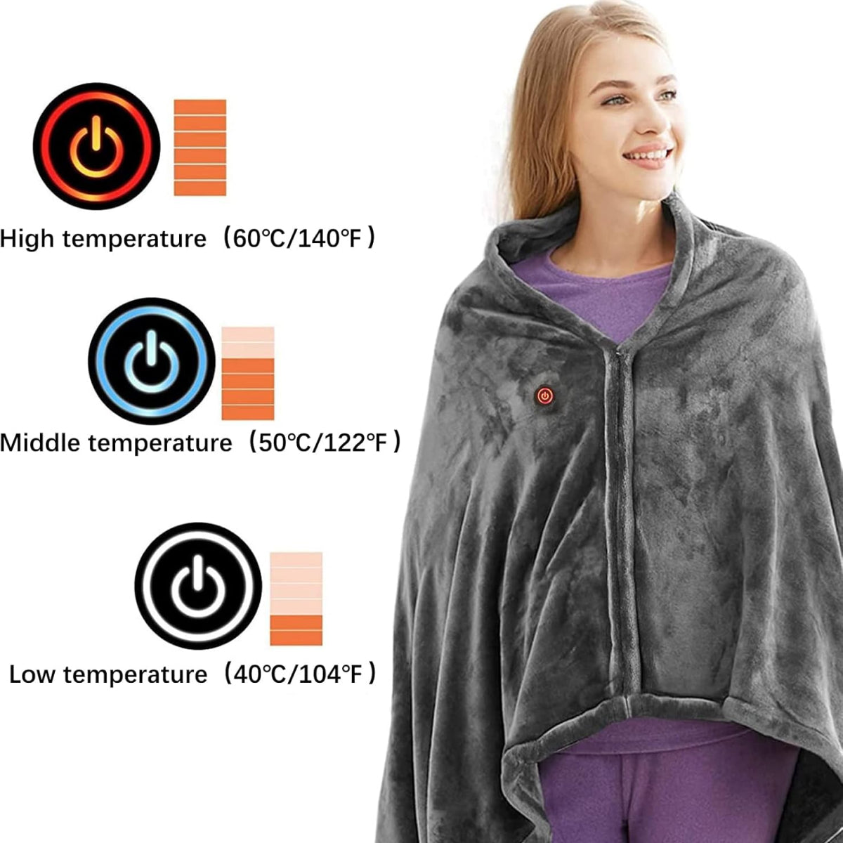 Portable heated shawl for warmth and comfort, ideal for the office, home or outdoor use. Rechargeable and cordless for convenience.