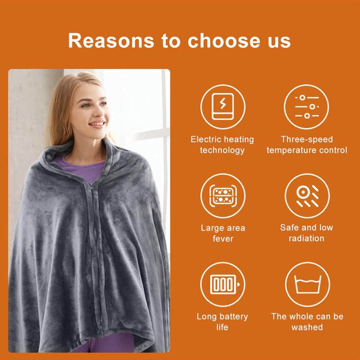 Portable heated shawl for warmth and comfort, ideal for the office, home or outdoor use. Rechargeable and cordless for convenience.