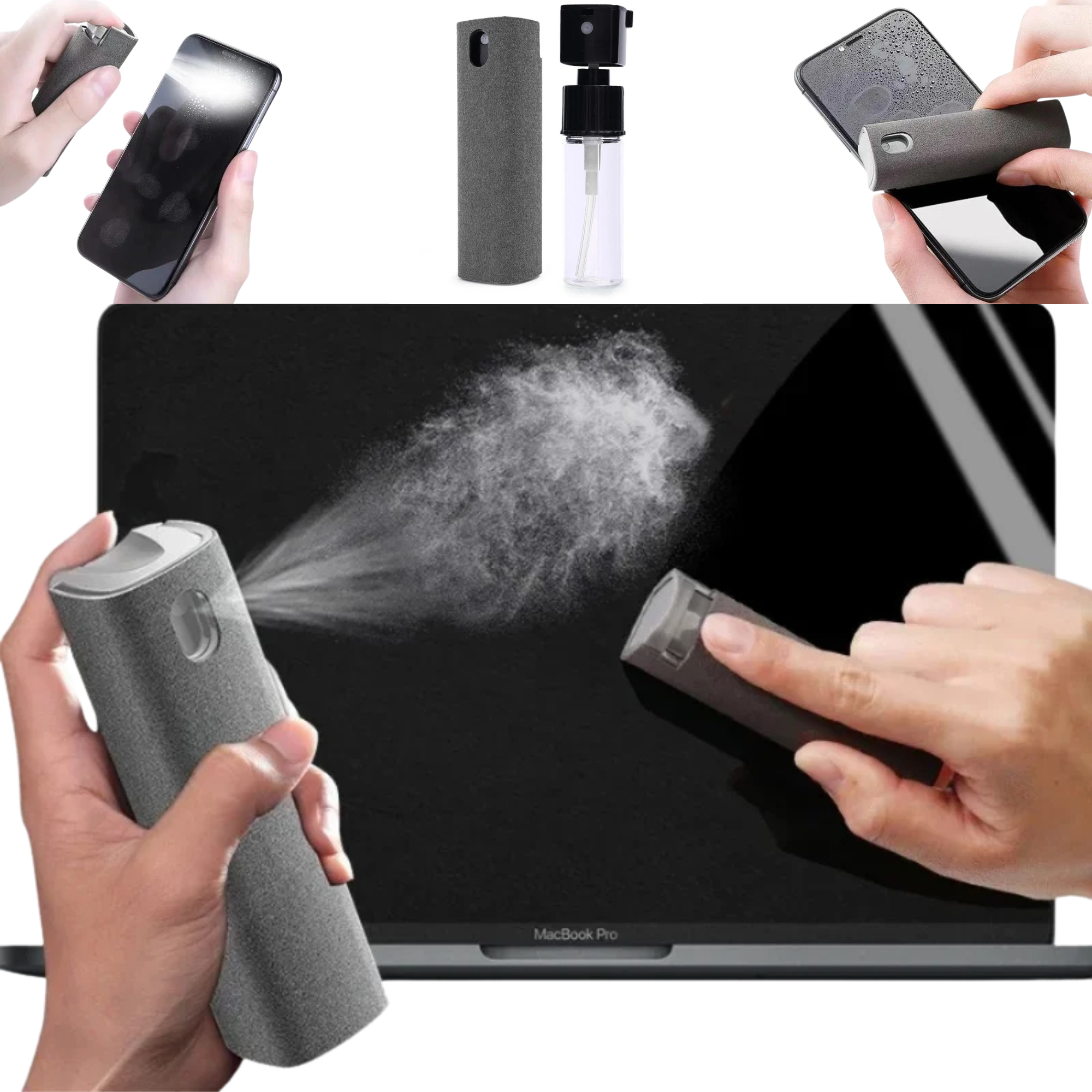 2-in-1 Premium Mikrofaser Bildschirmreiniger Sprayflasche & Mikrofasertuch für Handy, iPhone, iPad, MacBook, Laptop, Computer - Reinigungstücher für Apple Geräte, Brillen, Bildschirme