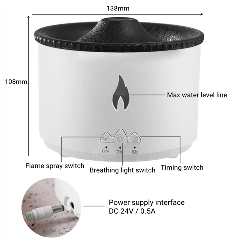 Volcano Aroma Diffuser and Humidifier - Flame Effect for Bedroom, Living Room, Office, Spa & Yoga Use