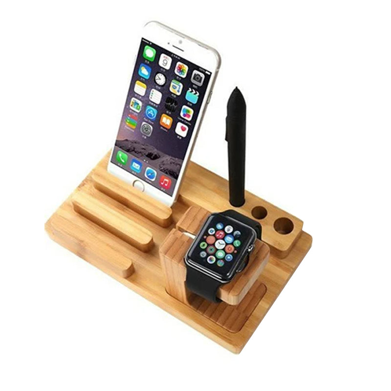 3-in-1 Bambus-Holz Ladestation: Premium Ladegerät-Ständer für iPhone, Apple Watch & iPad, Handy-Halter | AirPods & iOS-Geräte Wireless Charging Dockingstation